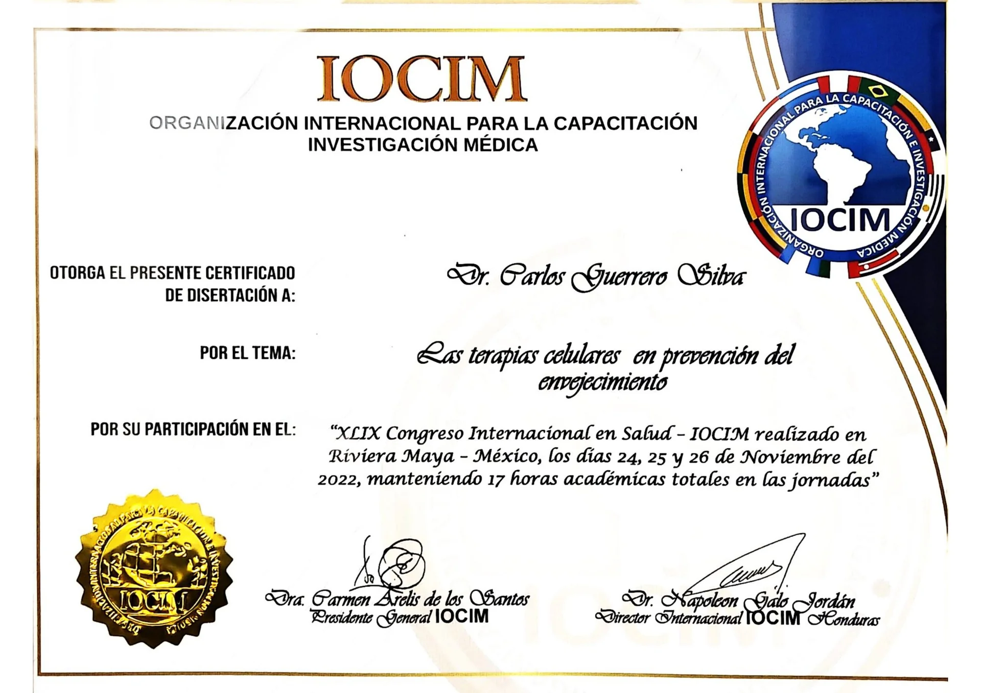 Disertación sobre Terapias Celulares en Prevención del Envejecimiento — Congreso Internacional IOCIM, 2022 — Dr. Carlos Guerrero Silva