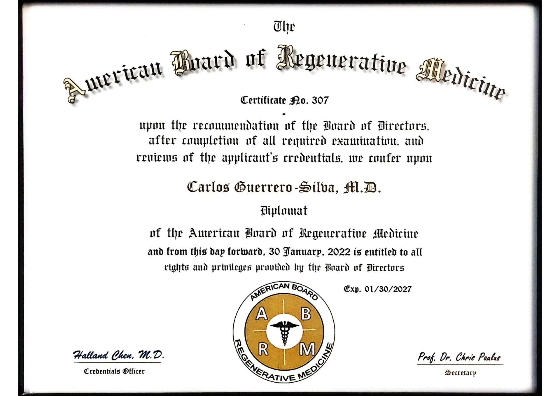 Diplomate of the American Board of Regenerative Medicine — Certificate No. 307, 2022 — Dr. Carlos Guerrero Silva