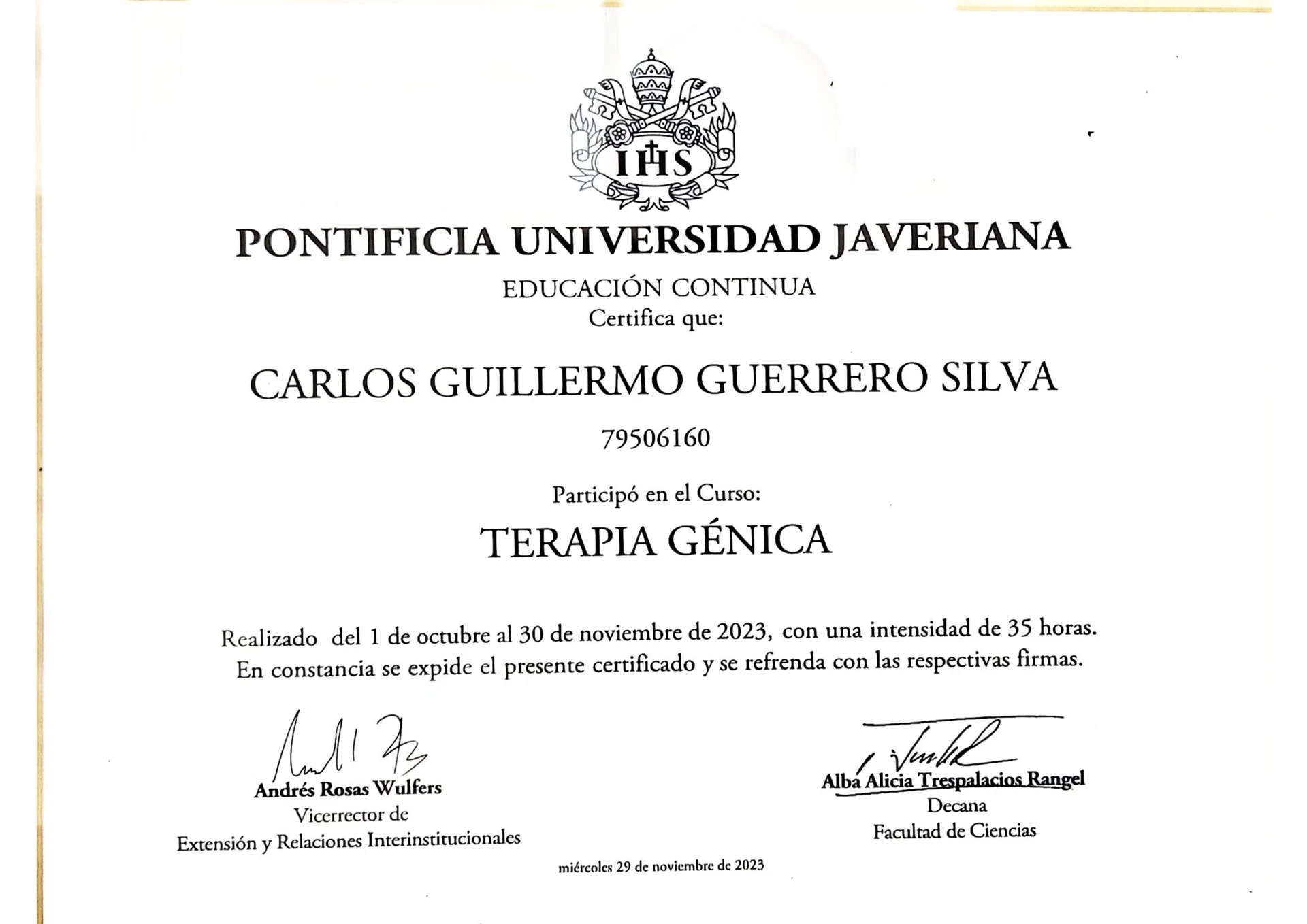 Curso de Terapia Génica — Pontificia Universidad Javeriana, 2023 — Dr. Carlos Guerrero Silva