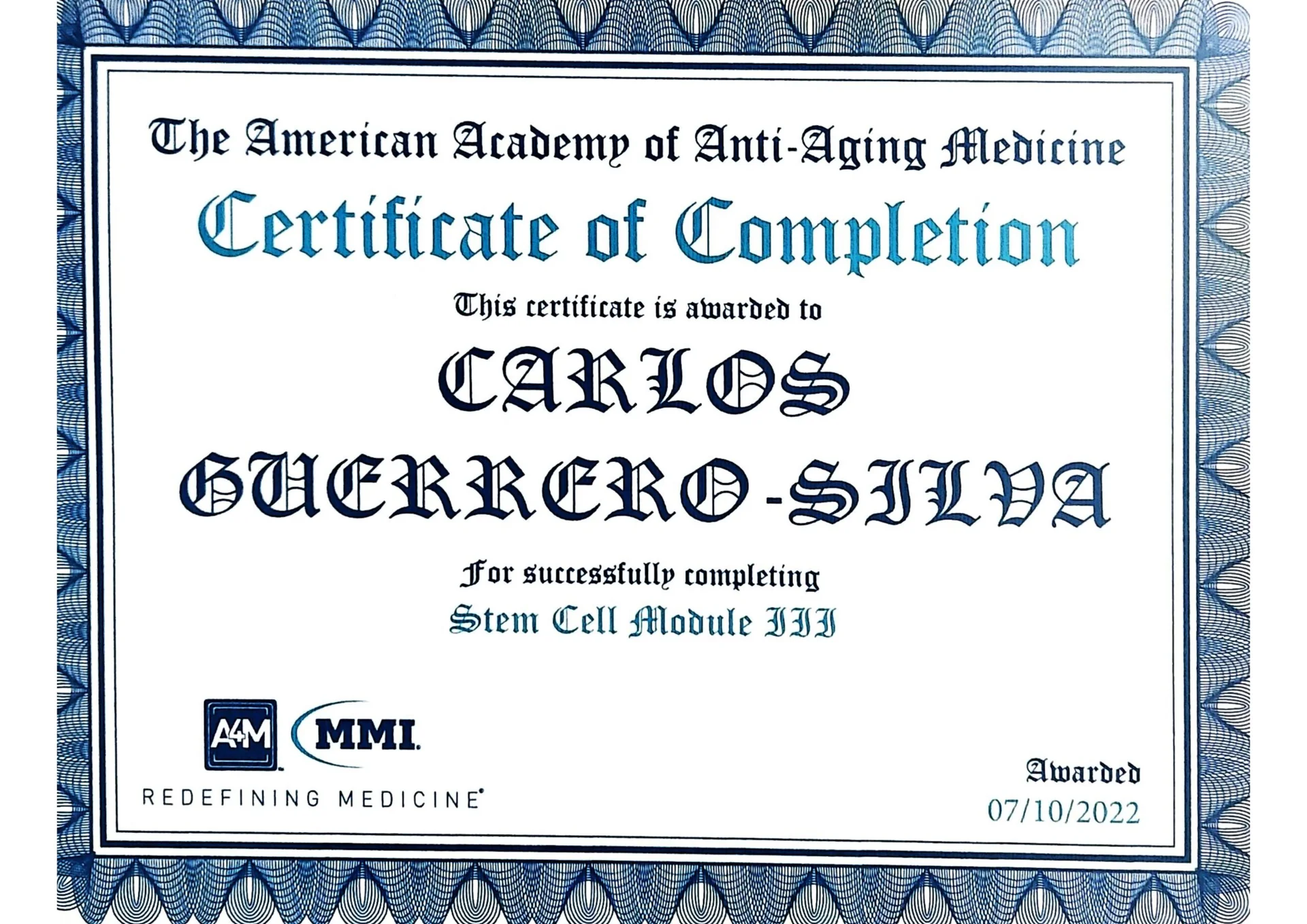 Certificate of Completion — Stem Cell Module III, American Academy of Anti-Aging Medicine, 2022 — Dr. Carlos Guerrero Silva