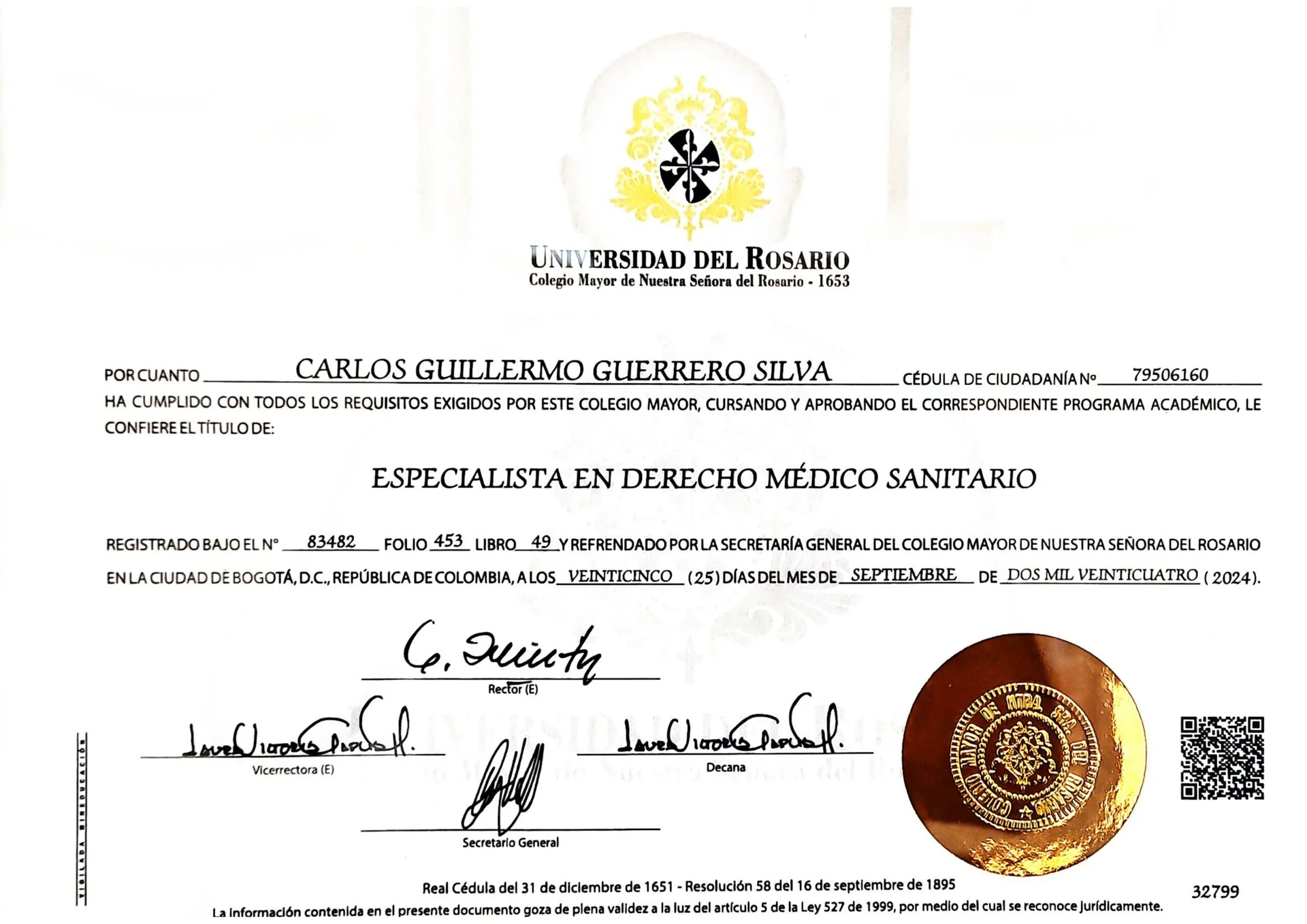 Especialista en Derecho Médico Sanitario — Universidad del Rosario, 2024 — Dr. Carlos Guerrero Silva