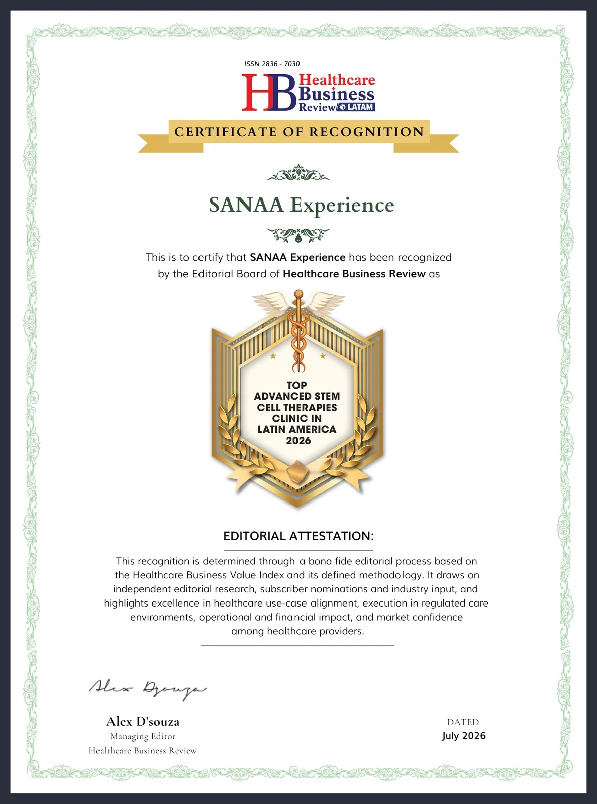 Certificado de Reconocimiento — SANAA Experience, Healthcare Business Review LATAM 2026