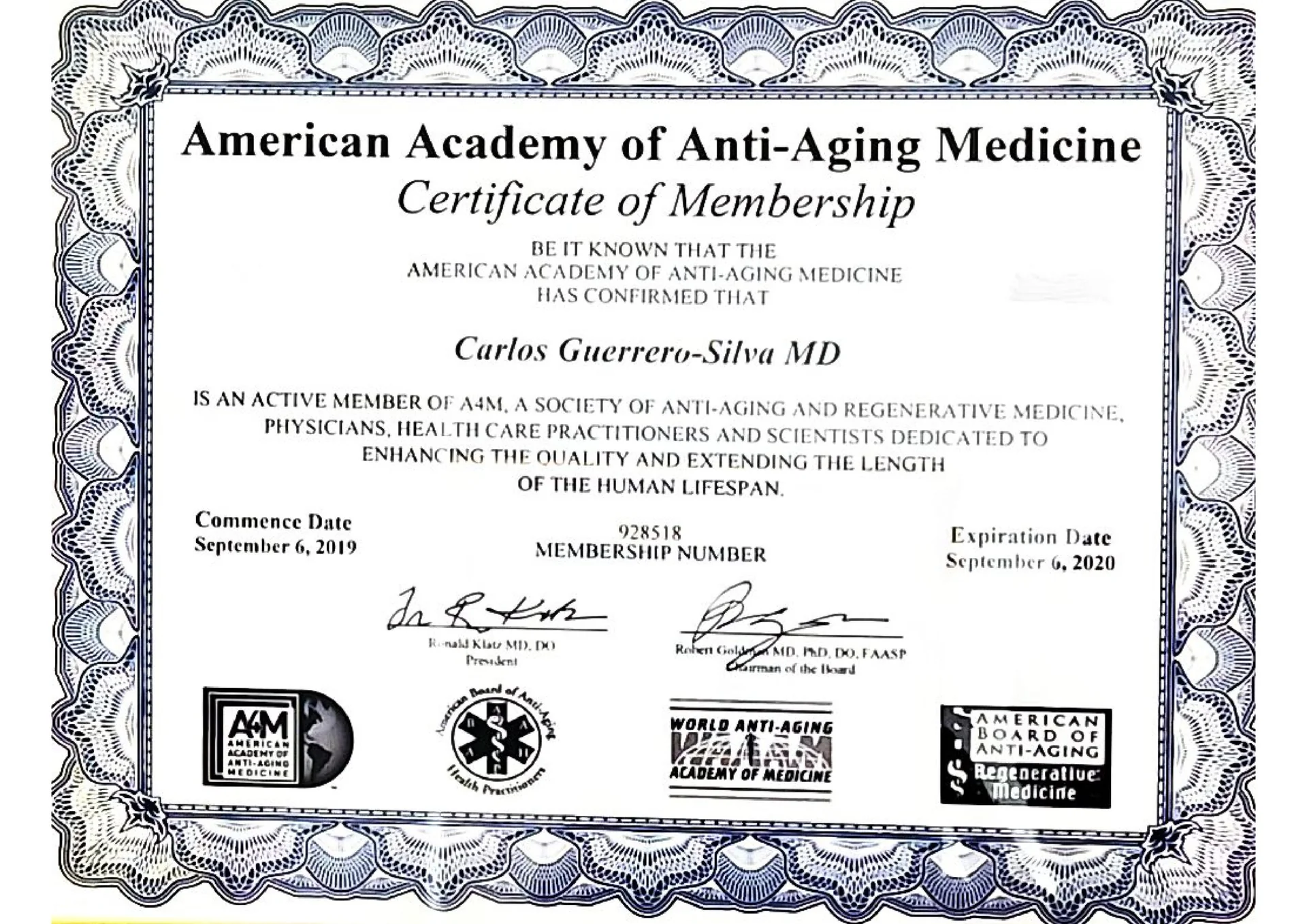 Membresía A4M — American Academy of Anti-Aging Medicine — Dr. Carlos Guerrero Silva